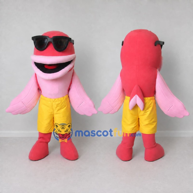 Custom Pink and Yellow Dolphin Character in Shorts Mascot Costume Adult Full Body Suit for Summer Events