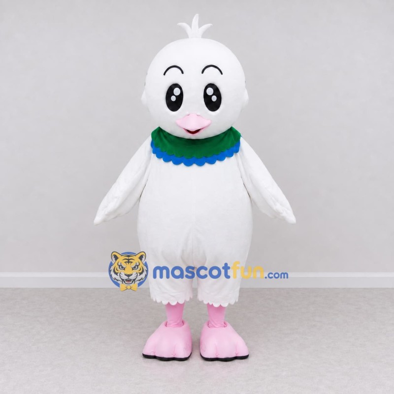 Custom White and Pink Bird Character with a Ruffled Collar Mascot Costume Adult Full Body Suit for School Events Custom White and Pink Bird Character with a Ruffled Collar Mascot Costume Adult Full Body Suit for School Events