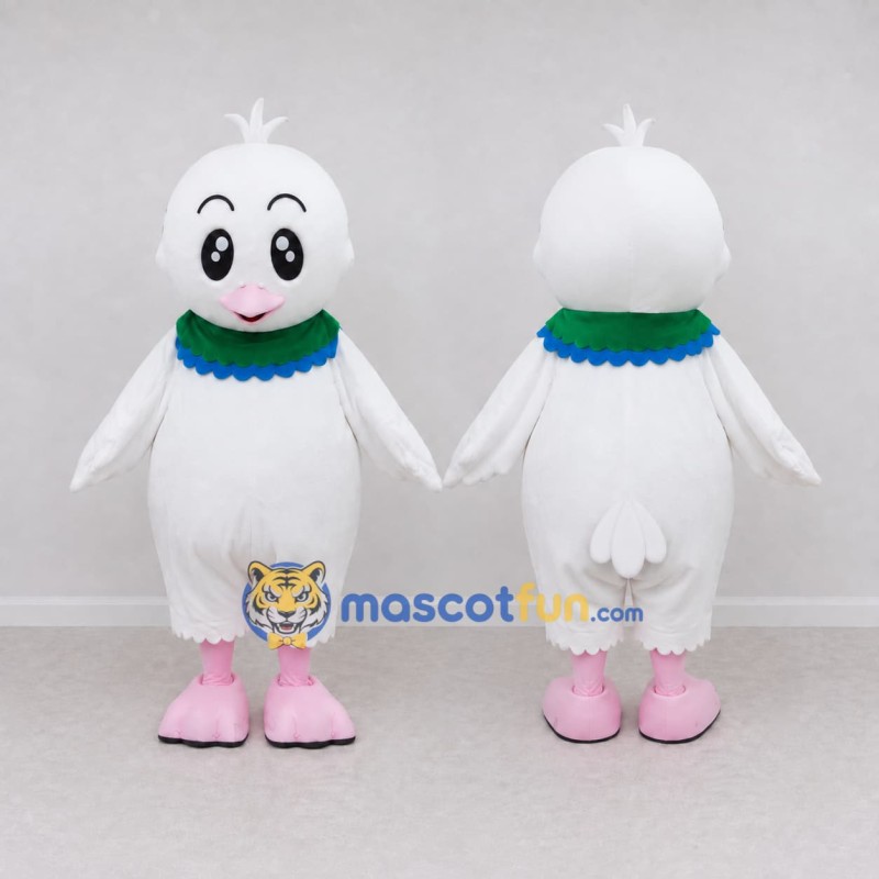 Custom White and Pink Bird Character with a Ruffled Collar Mascot Costume Adult Full Body Suit for School Events Custom White and Pink Bird Character with a Ruffled Collar Mascot Costume Adult Full Body Suit for School Events