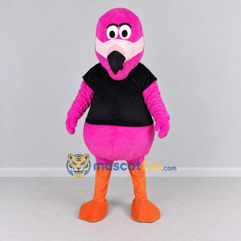 Custom Pink and Black Flamingo Character in a T-Shirt Mascot Costume Adult Full Body Suit for Summer Events Custom Pink and Black Flamingo Character in a T-Shirt Mascot Costume Adult Full Body Suit for Summer Events