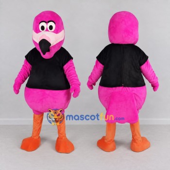 Custom Pink and Black Flamingo Character in a T-Shirt Mascot Costume Adult Full Body Suit for Summer Events