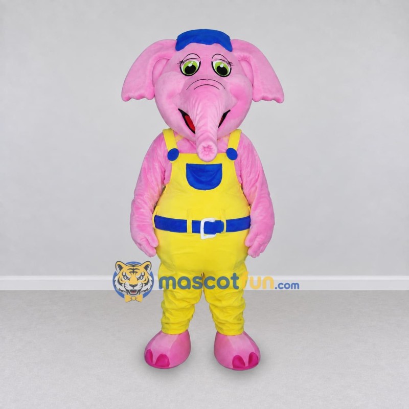 Custom Pink and Yellow Elephant Character in Overalls Mascot Costume Adult Full Body Suit for School Events