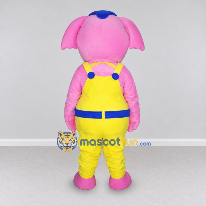 Custom Pink and Yellow Elephant Character in Overalls Mascot Costume Adult Full Body Suit for School Events