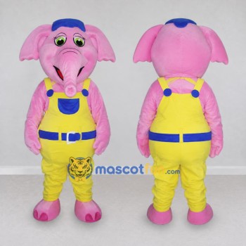 Custom Pink and Yellow Elephant Character in Overalls Mascot Costume Adult Full Body Suit for School Events