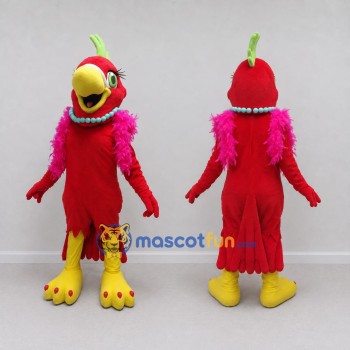 Custom Red and Pink Parrot Character with a Necklace Mascot Costume Adult Full Body Suit for Summer Events