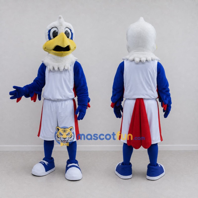 Custom White Blue and Red Eagle Character in Sportswear Mascot Costume Adult Full Body Suit for Sports Events Custom White Blue and Red Eagle Character in Sportswear Mascot Costume Adult Full Body Suit for Sports Events