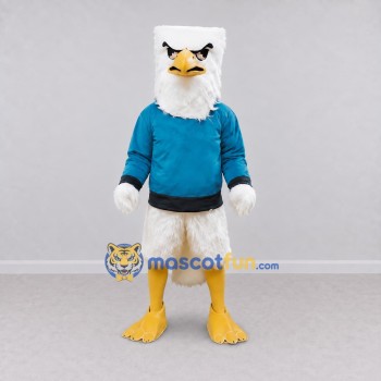 Custom White and Teal Eagle Character in a Sweatshirt Mascot Costume Adult Full Body Suit for Sports Events