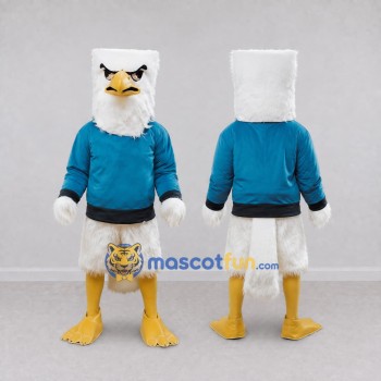 Custom White and Teal Eagle Character in a Sweatshirt Mascot Costume Adult Full Body Suit for Sports Events