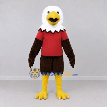 Custom Brown and White Eagle Character in a Red Shirt Mascot Costume Adult Full Body Suit for Sports Events