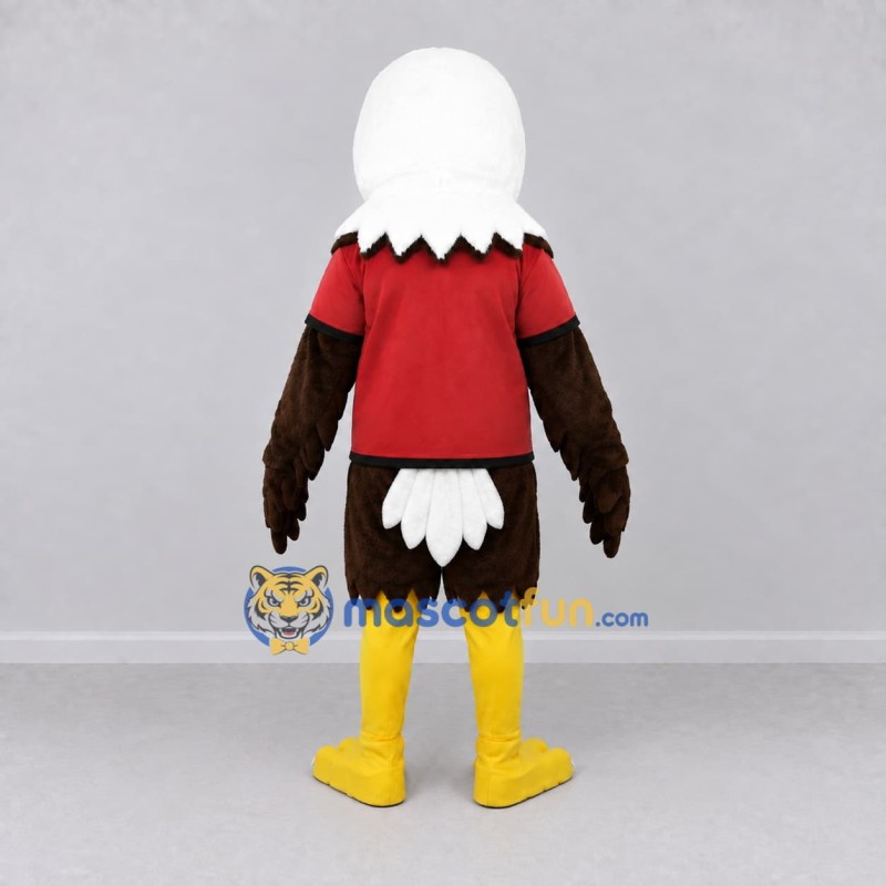 Custom Brown and White Eagle Character in a Red Shirt Mascot Costume Adult Full Body Suit for Sports Events Custom Brown and White Eagle Character in a Red Shirt Mascot Costume Adult Full Body Suit for Sports Events