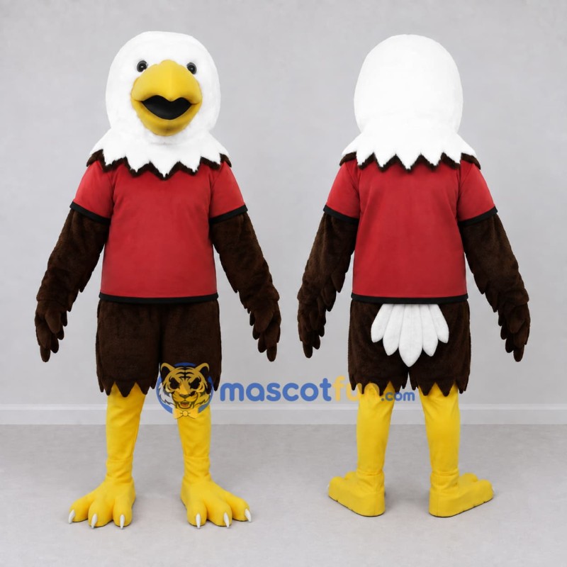 Custom Brown and White Eagle Character in a Red Shirt Mascot Costume Adult Full Body Suit for Sports Events Custom Brown and White Eagle Character in a Red Shirt Mascot Costume Adult Full Body Suit for Sports Events