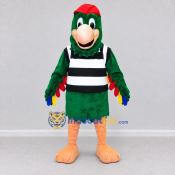 Custom Green and Black Parrot Character in a Striped Shirt Mascot Costume Adult Full Body Suit for Theme Parties Custom Green and Black Parrot Character in a Striped Shirt Mascot Costume Adult Full Body Suit for Theme Parties