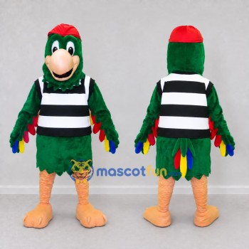Custom Green and Black Parrot Character in a Striped Shirt Mascot Costume Adult Full Body Suit for Theme Parties