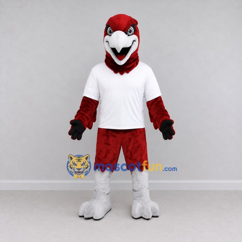 Custom Burgundy and White Bird Character in a T-Shirt Mascot Costume Adult Full Body Suit for Sports Events Custom Burgundy and White Bird Character in a T-Shirt Mascot Costume Adult Full Body Suit for Sports Events