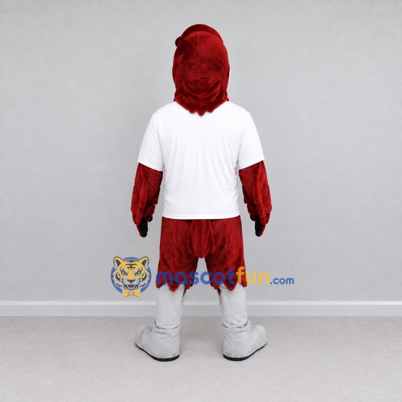 Custom Burgundy and White Bird Character in a T-Shirt Mascot Costume Adult Full Body Suit for Sports Events Custom Burgundy and White Bird Character in a T-Shirt Mascot Costume Adult Full Body Suit for Sports Events