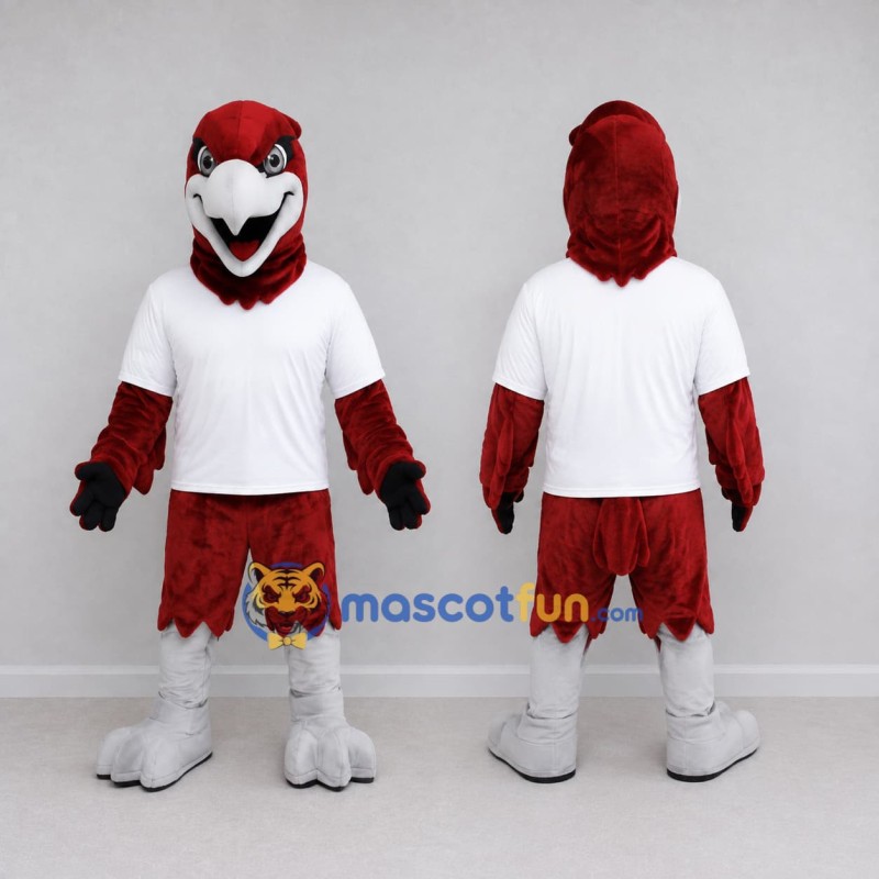 Custom Burgundy and White Bird Character in a T-Shirt Mascot Costume Adult Full Body Suit for Sports Events Custom Burgundy and White Bird Character in a T-Shirt Mascot Costume Adult Full Body Suit for Sports Events