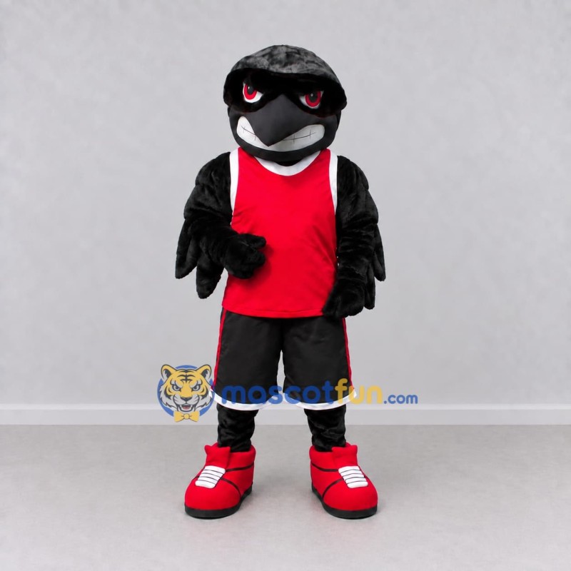Custom Black and Red Bird Character in Sportswear Mascot Costume Adult Full Body Suit for Sports Events Custom Black and Red Bird Character in Sportswear Mascot Costume Adult Full Body Suit for Sports Events