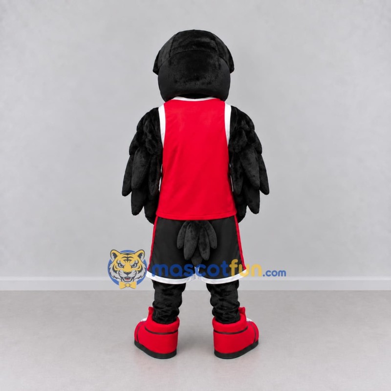 Custom Black and Red Bird Character in Sportswear Mascot Costume Adult Full Body Suit for Sports Events Custom Black and Red Bird Character in Sportswear Mascot Costume Adult Full Body Suit for Sports Events