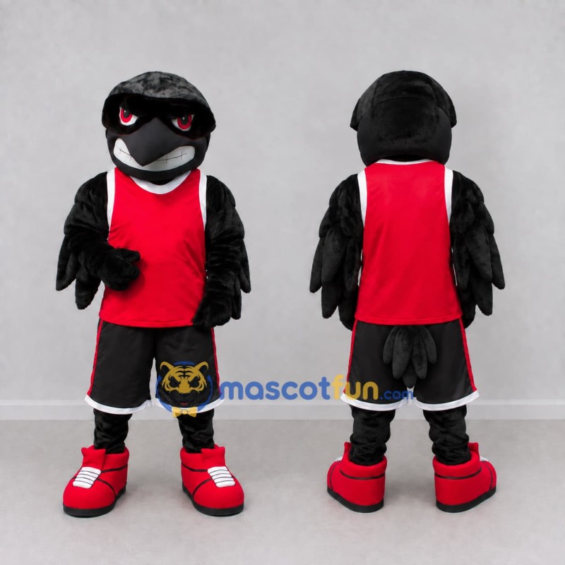 Custom Black and Red Bird Character in Sportswear Mascot Costume Adult Full Body Suit for Sports Events Custom Black and Red Bird Character in Sportswear Mascot Costume Adult Full Body Suit for Sports Events