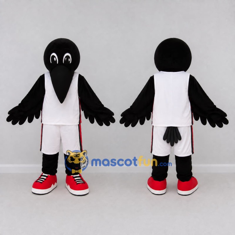 Custom Black and White Crow Character in Sportswear Mascot Costume Adult Full Body Suit for Sports Events Custom Black and White Crow Character in Sportswear Mascot Costume Adult Full Body Suit for Sports Events