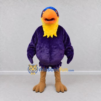 Custom Purple and Yellow Bird Character with a Cap Mascot Costume Adult Full Body Suit for School Events Custom Purple and Yellow Bird Character with a Cap Mascot Costume Adult Full Body Suit for School Events