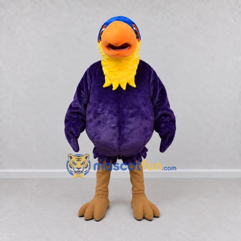 Custom Purple and Yellow Bird Character with a Cap Mascot Costume Adult Full Body Suit for School Events