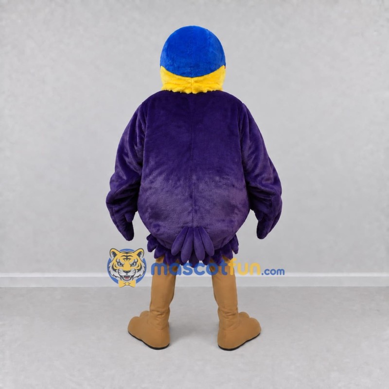 Custom Purple and Yellow Bird Character with a Cap Mascot Costume Adult Full Body Suit for School Events