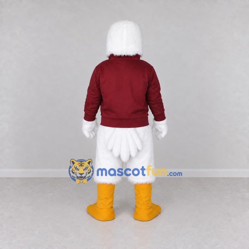 Custom White and Burgundy Eagle Character in a Sweatshirt Mascot Costume Adult Full Body Suit for Sports Events Custom White and Burgundy Eagle Character in a Sweatshirt Mascot Costume Adult Full Body Suit for Sports Events