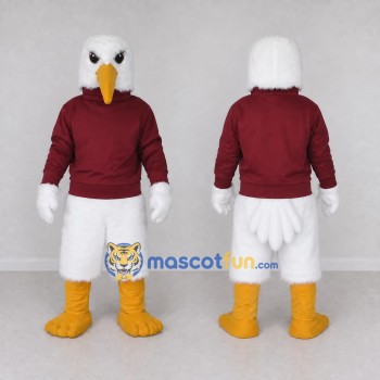 Custom White and Burgundy Eagle Character in a Sweatshirt Mascot Costume Adult Full Body Suit for Sports Events