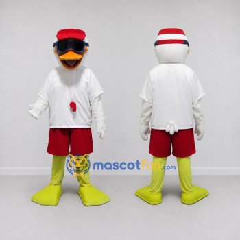 Custom White and Red Duck Character in a Lifeguard Outfit Mascot Costume Adult Full Body Suit for Summer Events
