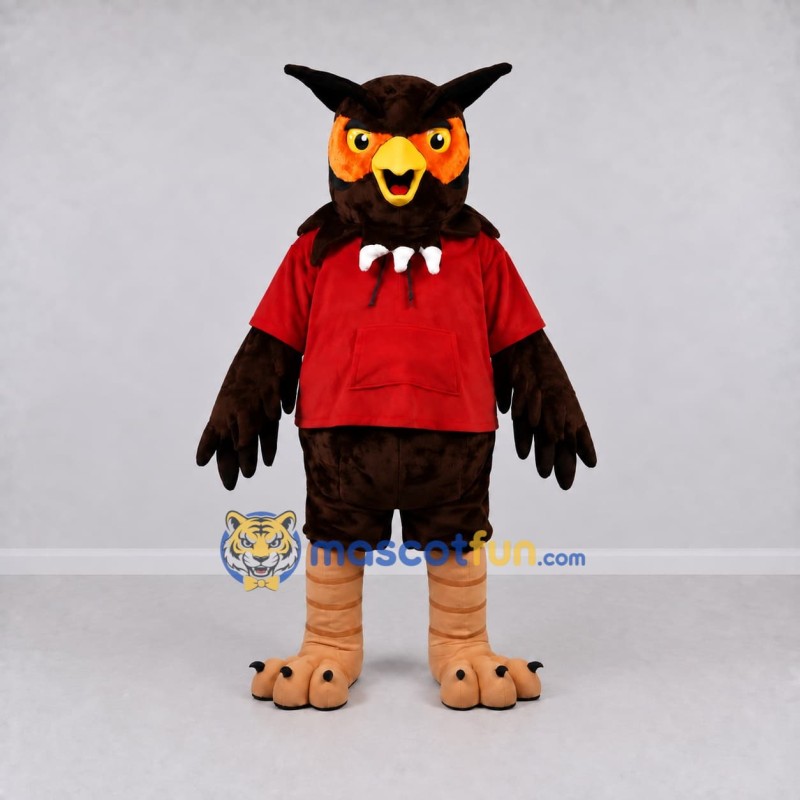 Custom Brown and Red Owl Character in a T-Shirt Mascot Costume Adult Full Body Suit for School Events Custom Brown and Red Owl Character in a T-Shirt Mascot Costume Adult Full Body Suit for School Events