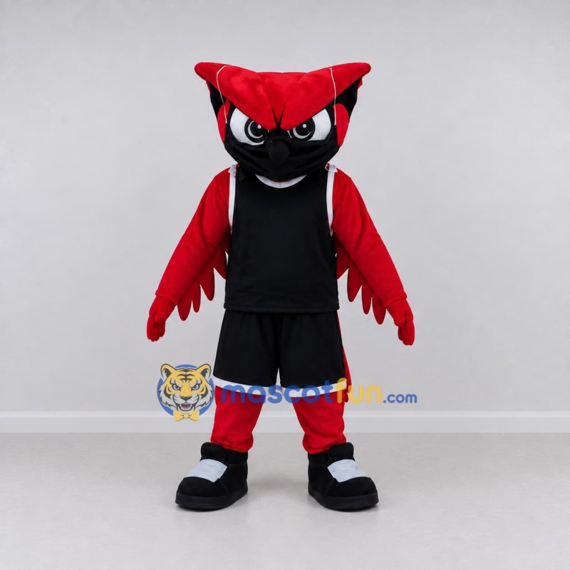 Custom Red and Black Owl Character in Sportswear Mascot Costume Adult Full Body Suit for Sports Events