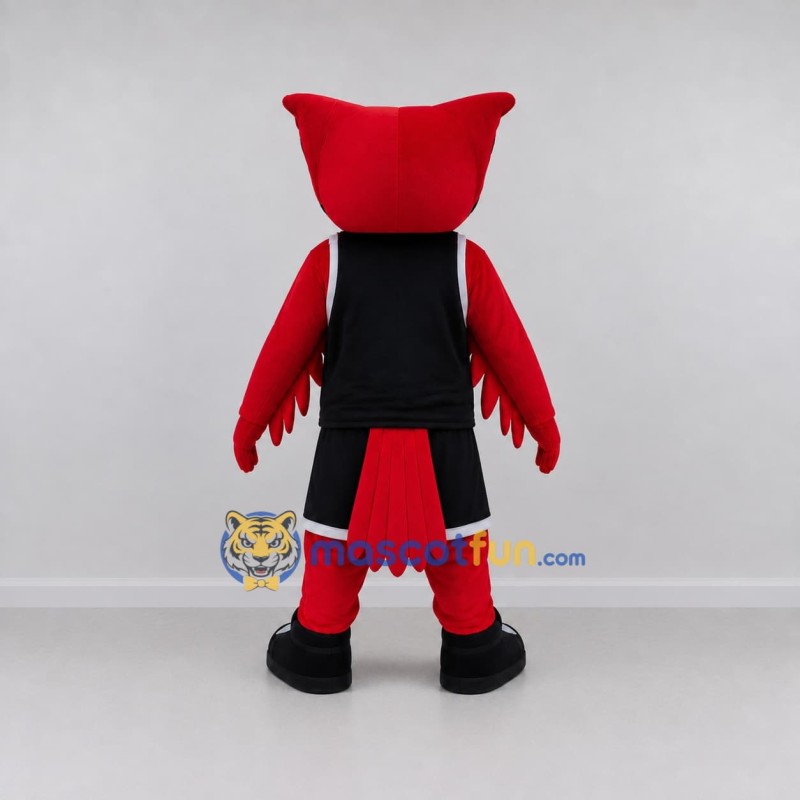 Custom Red and Black Owl Character in Sportswear Mascot Costume Adult Full Body Suit for Sports Events