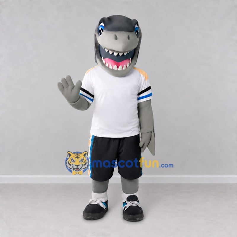 Custom Gray and White Shark Character in Sportswear Mascot Costume Adult Full Body Suit for Sports Events Custom Gray and White Shark Character in Sportswear Mascot Costume Adult Full Body Suit for Sports Events