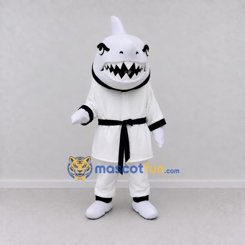 Custom White and Black Shark Character in a Karate Uniform Mascot Costume Adult Full Body Suit for Sports Events Custom White and Black Shark Character in a Karate Uniform Mascot Costume Adult Full Body Suit for Sports Events