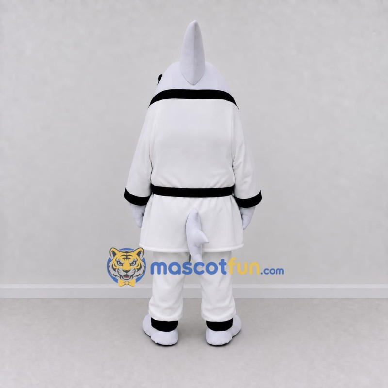 Custom White and Black Shark Character in a Karate Uniform Mascot Costume Adult Full Body Suit for Sports Events Custom White and Black Shark Character in a Karate Uniform Mascot Costume Adult Full Body Suit for Sports Events