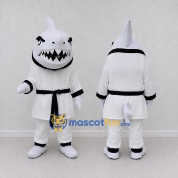 Custom White and Black Shark Character in a Karate Uniform Mascot Costume Adult Full Body Suit for Sports Events