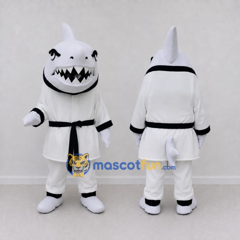 Custom White and Black Shark Character in a Karate Uniform Mascot Costume Adult Full Body Suit for Sports Events Custom White and Black Shark Character in a Karate Uniform Mascot Costume Adult Full Body Suit for Sports Events