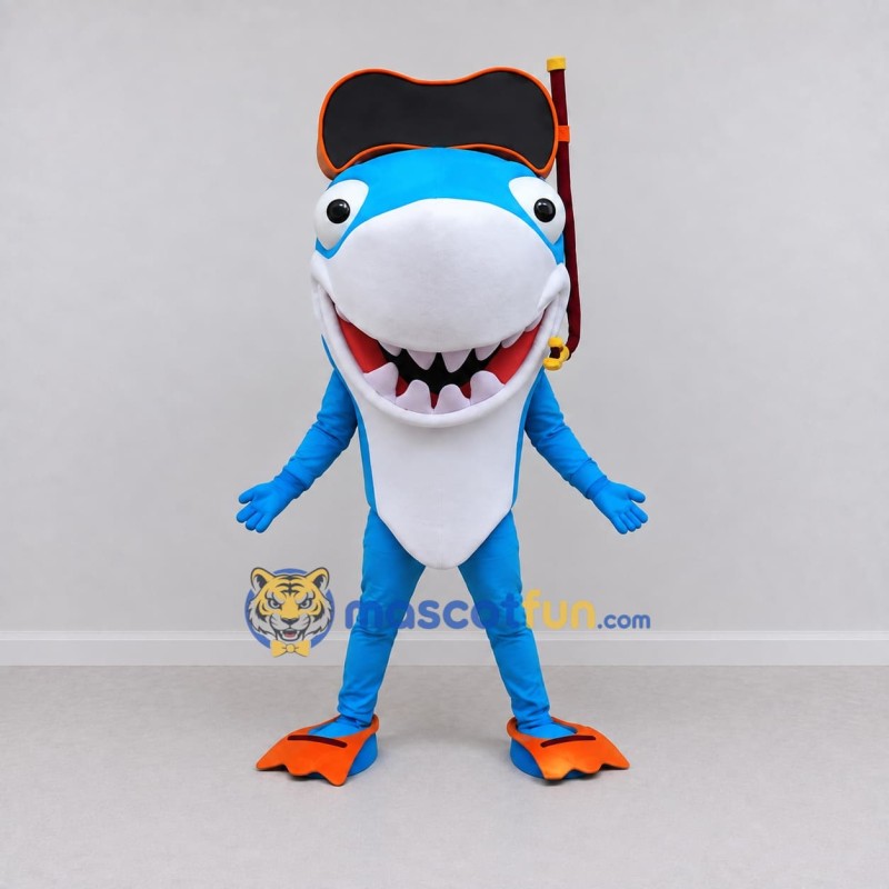 Custom Blue and White Shark Character with a Snorkel Mask Mascot Costume Adult Full Body Suit for Summer Events