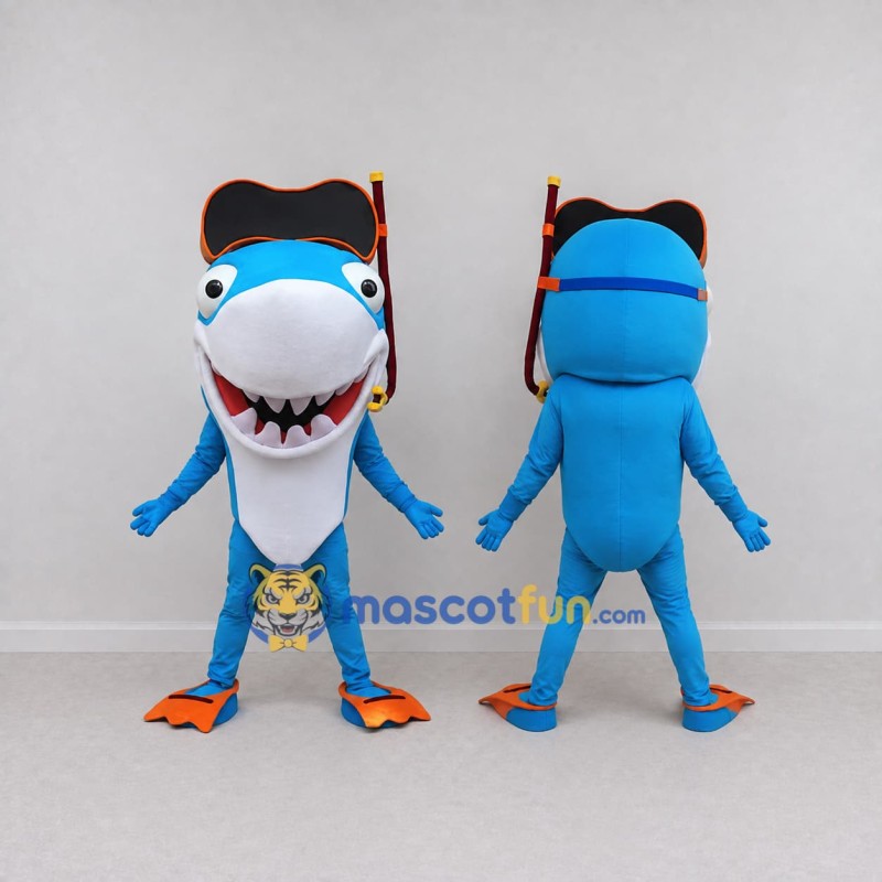 Custom Blue and White Shark Character with a Snorkel Mask Mascot Costume Adult Full Body Suit for Summer Events