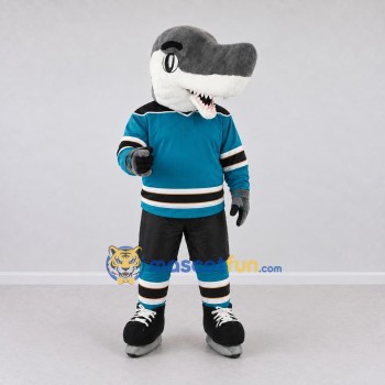 Custom Gray and Teal Shark Character in a Hockey Uniform Mascot Costume Adult Full Body Suit for Sports Events Custom Gray and Teal Shark Character in a Hockey Uniform Mascot Costume Adult Full Body Suit for Sports Events