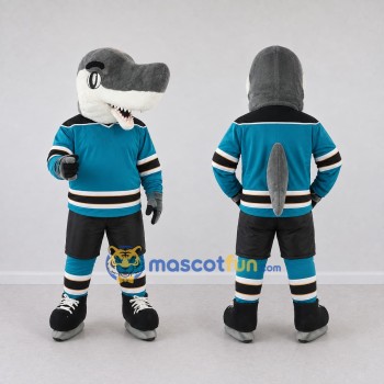 Custom Gray and Teal Shark Character in a Hockey Uniform Mascot Costume Adult Full Body Suit for Sports Events