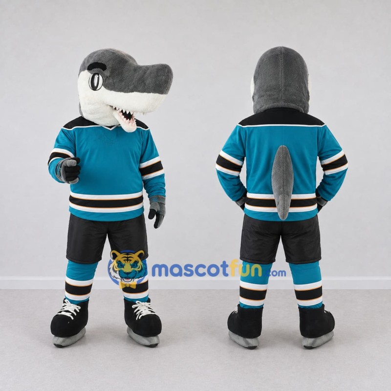 Custom Gray and Teal Shark Character in a Hockey Uniform Mascot Costume Adult Full Body Suit for Sports Events Custom Gray and Teal Shark Character in a Hockey Uniform Mascot Costume Adult Full Body Suit for Sports Events