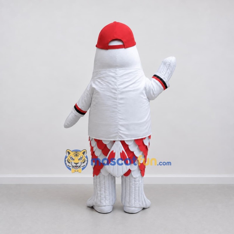 Custom White and Red Fish Character in a Baseball Outfit Mascot Costume Adult Full Body Suit for Sports Events Custom White and Red Fish Character in a Baseball Outfit Mascot Costume Adult Full Body Suit for Sports Events