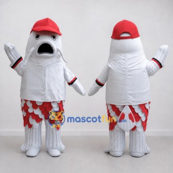 Custom White and Red Fish Character in a Baseball Outfit Mascot Costume Adult Full Body Suit for Sports Events