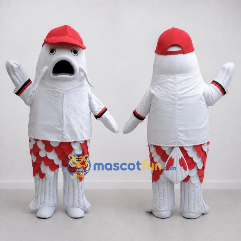 Custom White and Red Fish Character in a Baseball Outfit Mascot Costume Adult Full Body Suit for Sports Events Custom White and Red Fish Character in a Baseball Outfit Mascot Costume Adult Full Body Suit for Sports Events