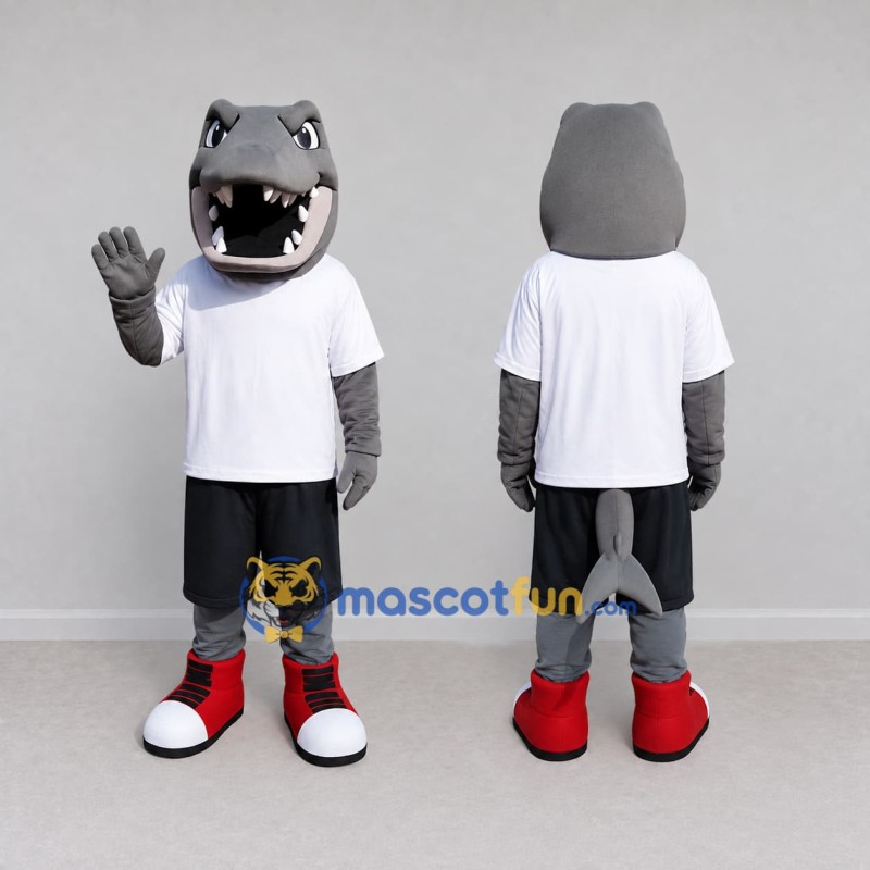Custom Gray and White Shark Character in Sportswear Mascot Costume Adult Full Body Suit for Sports Events Custom Gray and White Shark Character in Sportswear Mascot Costume Adult Full Body Suit for Sports Events