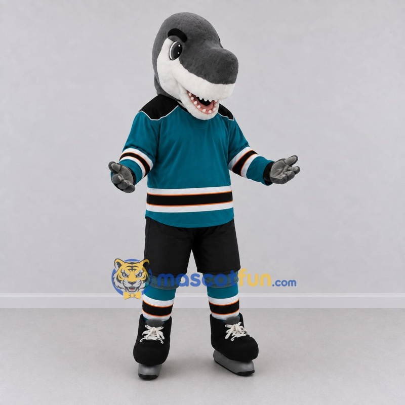 Custom Gray and Teal Shark Character in a Hockey Uniform Mascot Costume Adult Full Body Suit for Sports Events Custom Gray and Teal Shark Character in a Hockey Uniform Mascot Costume Adult Full Body Suit for Sports Events