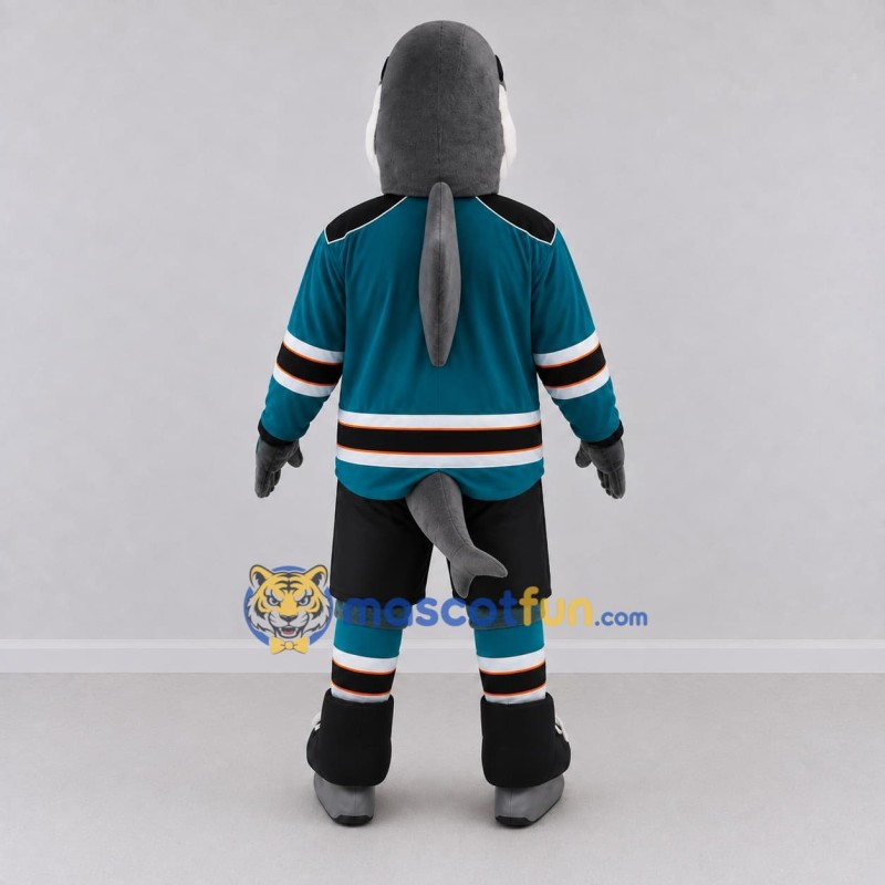 Custom Gray and Teal Shark Character in a Hockey Uniform Mascot Costume Adult Full Body Suit for Sports Events Custom Gray and Teal Shark Character in a Hockey Uniform Mascot Costume Adult Full Body Suit for Sports Events
