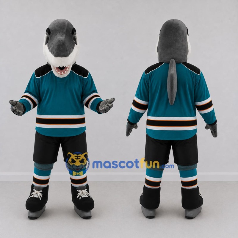Custom Gray and Teal Shark Character in a Hockey Uniform Mascot Costume Adult Full Body Suit for Sports Events Custom Gray and Teal Shark Character in a Hockey Uniform Mascot Costume Adult Full Body Suit for Sports Events